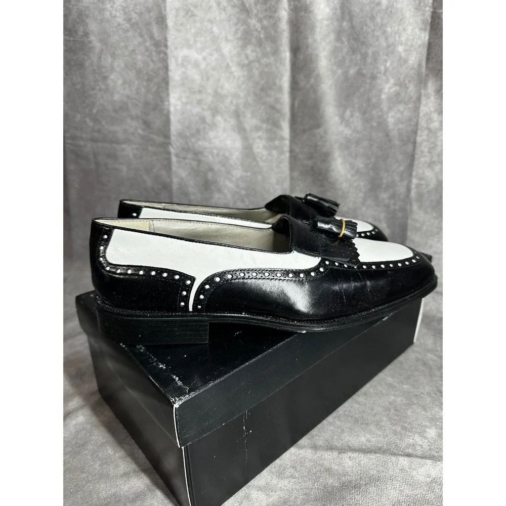 Vintage Stacy Adams Mens 9.5 M Black White Leather Tassel‎ Kiltie Loafers Spain
